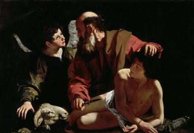 亚伯拉罕牺牲以撒，卡拉瓦乔，米开朗基罗（1571-1610）。 布面油画，约 1597-1599 年，尺寸：116x173。 芭芭拉·皮亚塞卡·约翰逊系列 作者 米开朗基罗·梅里西·达·卡拉瓦乔