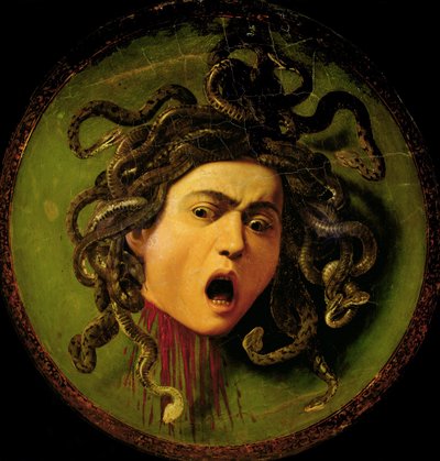 美杜莎，绘于皮质比武盾上，约 1596-98 年（木质附着画布油彩）（修复前） 作者 米开朗基罗·梅里西·达·卡拉瓦乔