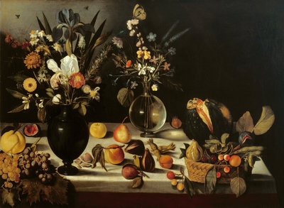 有鲜花和水果的静物，哈特福德静物大师，c.1600-10（布面油画） 作者 Michelangelo Merisi da Caravaggio
