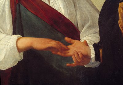 算命先生 详细描述了客户的手伸向那个读出他手掌线条的女人。米开朗基罗-梅里西-达-卡拉瓦乔（约1571-1610）的画作，太阳。0,99x1,31米 作者 米开朗基罗·梅里西·达·卡拉瓦乔