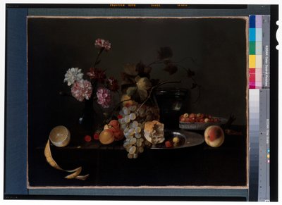 石板上的静物：鲜花、水果和朗姆酒杯 作者 米歇尔·西蒙斯（Michiel Simons）