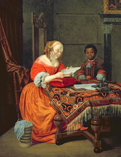 一个女人在读信，旁边有一个黑人在听，1670年 作者 米歇尔·范·穆瑟（Michiel van Musscher）