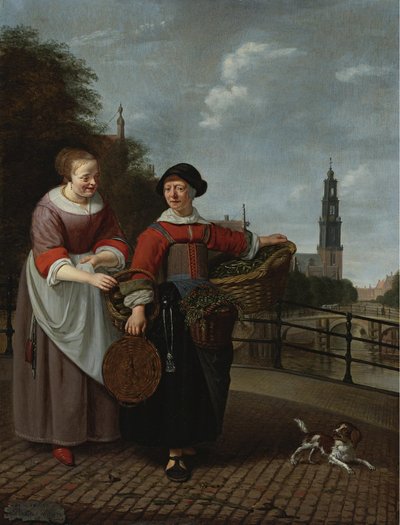 阿姆斯特丹 Eenhoornsluis 的一位卖菜女工和一位家庭主妇，背景是 Westertoren 大街 作者 米歇尔·范·穆瑟（Michiel van Musscher）