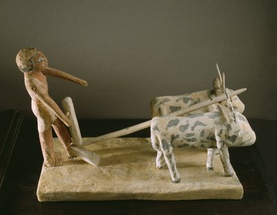 一个农夫的丧葬模型领导他的犁由两头牛画（漆木） 作者 Middle Kingdom Egyptian