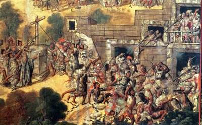 1698 年《面对神像试图拔下十字架》细节，以及对蒙特祖马（1466-1520 年）的投掷石块和射箭（油画）。 作者 米格尔·冈萨雷斯