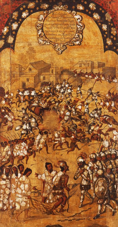征服墨西哥，第五板块，约1696-1715（木板画） 作者 米格尔·冈萨雷斯