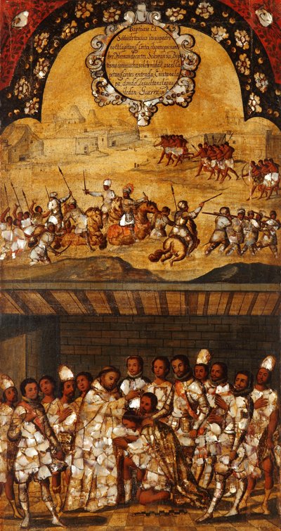 征服墨西哥，第十九板块，约1696-1715（木板画） 作者 米格尔·冈萨雷斯