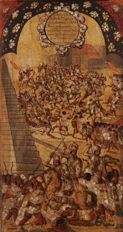 征服墨西哥，第十六板块，约1696-1715（木板画） 作者 米格尔·冈萨雷斯