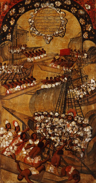 征服墨西哥，第二十二小组，约1696-1715（木板画） 作者 米格尔·冈萨雷斯
