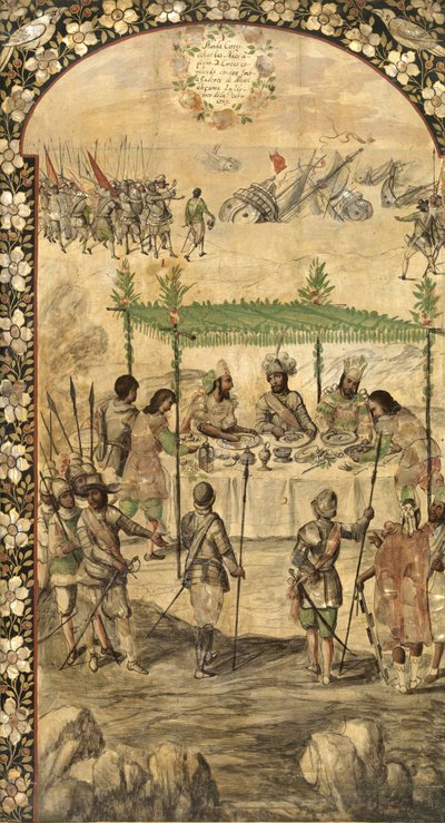 下令摧毁船只并在1520年会见蒙特祖马（Moctezuma，Moteuczoma，Motecuhzoma）的大使（1466-1520）--埃尔南-科尔特斯对墨西哥的征服由冈萨雷斯，米格尔和胡安（活跃于17世纪末）。木板上的油彩，尺寸: 作者 米格尔和胡安·冈萨雷斯