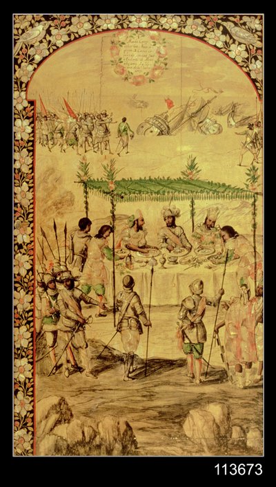 征服墨西哥：埃尔南多·科尔特斯 (1485-1547) 下令销毁船只并于 1520 年会见蒙特祖玛 (1466-1520) 大使 作者 米格尔和胡安·冈萨雷斯