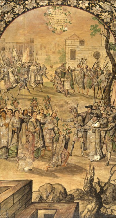 The Conquest of Mexico by Hernan Cortes par Gonzalez, Miguel and Juan (active End of 17th cen.). Oil on wood, size : 97x53 作者 米格尔和胡安·冈萨雷斯