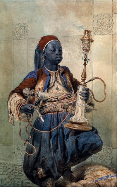 “Portrait de nubien a la pipe a eau”（带水烟的努比亚人） Aquarelle de Mihaly Zichy (1827-1906) 1862 Dim 49,5x31 cm 私人收藏 作者 Zichy的Mihaly
