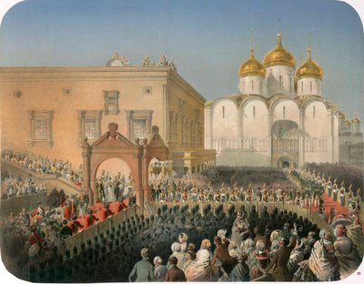 沙皇亚历山大·费奥多罗夫娜（Tsarina Alexandra Feodorovna）游行到圣母安息大教堂，莫斯科，1856年 作者 Zichy的Mihaly