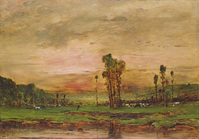 1881年在Jouy-en-Josas附近的一群牛的晚上景观 作者 Mihály Munkácsy