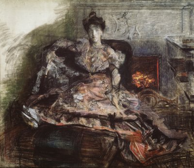 演唱会结束后。 N. Zabela-Vrubel的肖像，壁炉旁穿着Vrubel设计的连衣裙，1905年 作者 米哈伊尔·亚历山德罗维奇·弗鲁贝尔