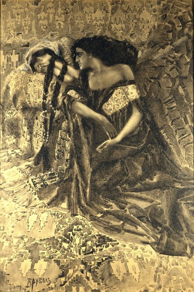 塔玛拉和恶魔。米哈伊尔·莱蒙托夫（Mikhail Lermontov），1890-1891年的诗歌插图 作者 Mikhail Aleksandrovich Vrubel