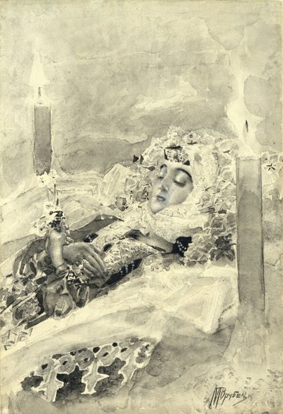 塔玛拉在棺材里。米哈伊尔·莱蒙托夫（Mikhail Lermontov），1890-1891年的诗歌插图 作者 米哈伊尔·亚历山德罗维奇·弗鲁贝尔