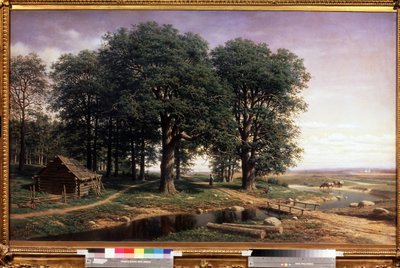 橡树林风景画中的大橡树和木屋，靠近一条蜿蜒流向地平线的河流，河边有人和牛在饮水。Mikhail Konstantinovich Klodt baron von Jurgensburg（米哈伊尔-康斯坦丁诺维奇-克洛特男爵）的画作。 作者 于尔根斯堡的Mikhail Konstantinovitch Clodt