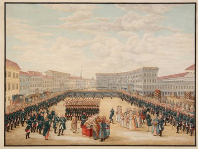 1796 年 12 月的普列奥布拉任斯基团旗授勋仪式。俄罗斯帝国卫队中最负盛名的军团，由彼得一世（1672-1725 年）于 作者 米哈伊尔·马特维维奇·伊万诺夫（Mikhail Matveevich Ivanov）