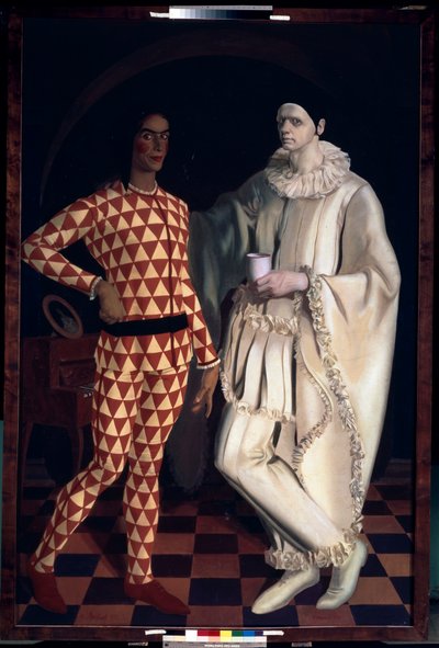 Arlequin et Pierrot (Autoportraits, en costumes de la Comedia dell Arte) - Harlequin and Pierrot (Self-portraits) - Alexander Yevgenyevich Yakovlev (Alexander Iacovleff) (1887-1938)的画作，布面油画 作者 米哈伊尔·尼古拉耶维奇·雅科夫列夫