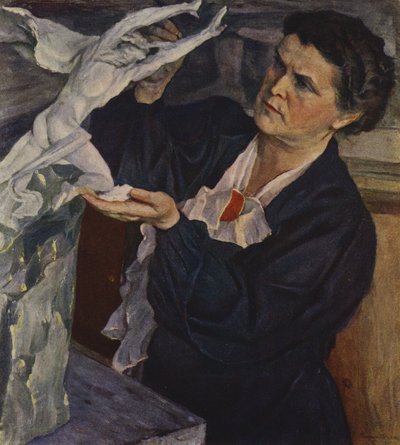 苏联雕塑家维拉·穆希娜 (Vera Mukhina) 的肖像（彩色石版画） 作者 米哈伊尔·瓦西里耶维奇·内斯特罗夫