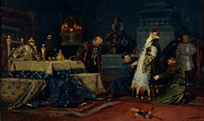 傻瓜外套。 Boyar Druzhina Andreyevich Morozov在《伊凡雷帝》前，1885年 作者 米哈伊尔·瓦西里耶维奇·内斯特罗夫