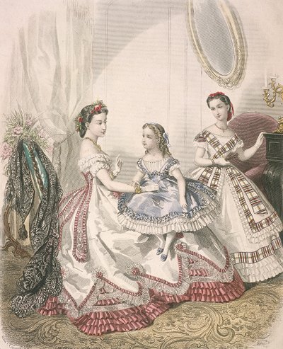 两个女人和一个小女孩穿着最新的室内时装，约1860年 作者 米莉亚·拉库里埃