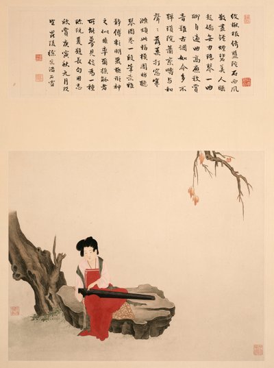 夫人坐在岩石上弹琴（纸卷，裱裱并裱框，墨水和彩色在纸上） 作者 明瑜