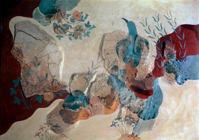 米诺斯艺术：“蓝鸟”壁画之家的壁画片段。 公元前 1500 年。 伊拉克利翁，考古博物馆，克里特岛 - 米诺斯艺术：蓝鸟。 壁画片段显示一只鸟在岩石、野玫瑰和鸢尾花之间，来自壁画之家 作者 美浓