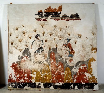 Minoan civilization: women picking saffron. Fresco from the lustral basin of Xeste 3 in Akrotiri (Thera), Santorini. Dim. 244x266 cm 16th century BC Santorini, Collection of the frescoes of Akrotiri a Thera 作者 Minoan