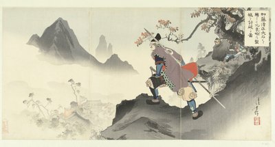 加藤清正滚下巨石，摧毁并占领了奥兰凯的宫殿。
Kato Kiyomasa oishi korogashite Orankai no kenjo o uchiyaburu zu.(物体上的标题） 作者 秋山布右卫门