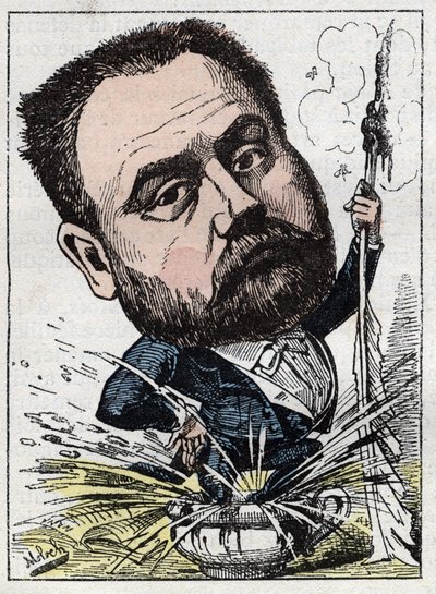 埃米尔-左拉（1840-1902）法国作家在Touchatout的 "Le Trombinoscope "中的肖像，B. Moloch于1882年创作的漫画（1849-1909）。私人收藏。 作者 主宰