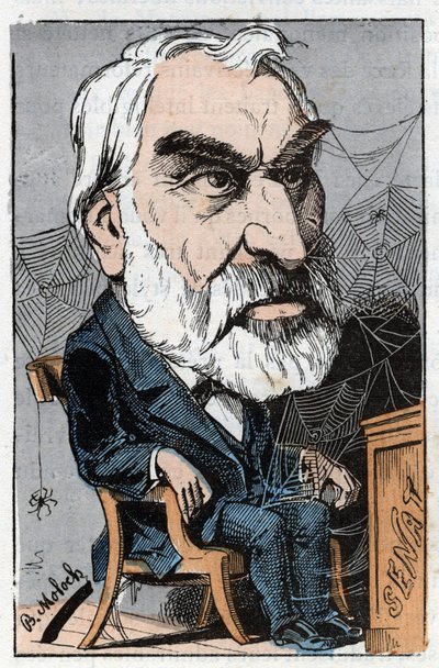 Eugene Pelletan (1813-1884)，法国文学记者和政治家，在Touchatout的 "Le Trombinoscope "中，B. Moloch于1882年创作的漫画（1849-1909）。私人收藏。 作者 主宰