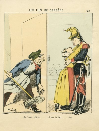 飞叶，第 5 号，彩色讽刺画：Les fils de cerbere - Commune de Paris/War/Siege, Amour - 插图作者：Moloch (1849-1909) 作者 主宰