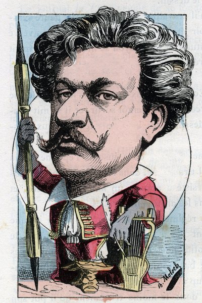 Louis Alexandre Gosset de Guines dit Andre Gill (1840 - 1885) 法国诗人画家在Touchatout的 "Le Trombinoscope "中的肖像，B. Moloch于1882年创作的漫画（1849-1909）。私人收藏。 作者 主宰