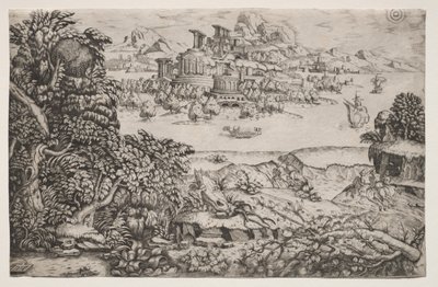 景观与湖上的寺庙，16世纪。 作者 Monogrammist HI