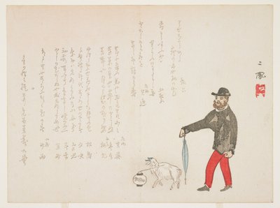 西方人和山羊（彩色木版画） 作者 森治保