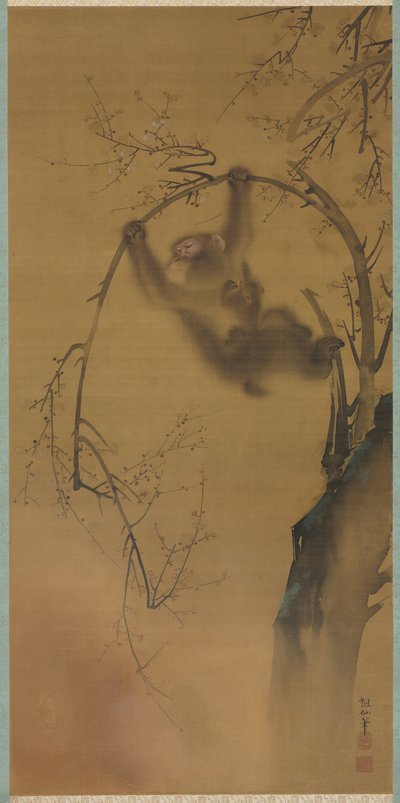 樱桃树中的猴子，岩石壁架上的猴子，1615-1868。 作者 森创泉