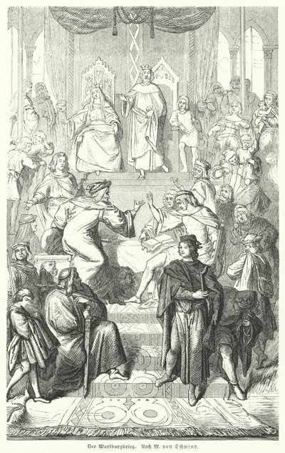Sangerkrieg，1207 年图林根州瓦尔特堡城堡的吟游诗人之间的比赛（版画） 作者 Moritz Ludwig von (after) Schwind