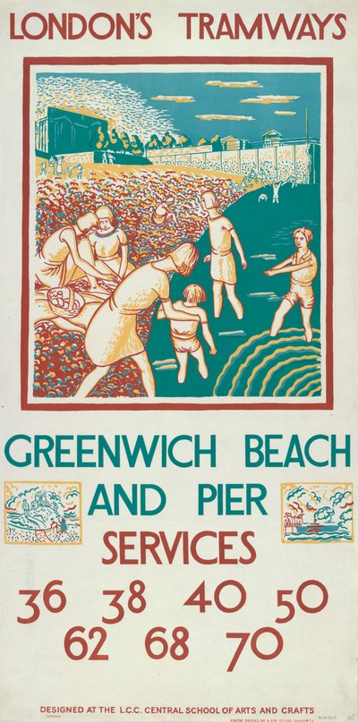 格林威治海滩和码头》，伦敦郡议会LCC电车公司的海报，1925年 作者 莫里斯·凯斯特曼