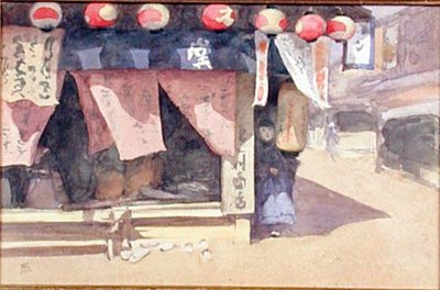 日本茶馆外，约1887-88年（卡上水彩）。 作者 Mortimer Ludington Menpes