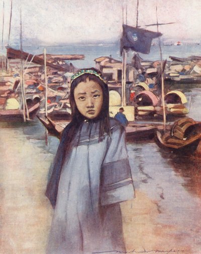 世界儿童：中文，《一个驳船女孩》（彩色石印版） 作者 Mortimer Ludington Menpes