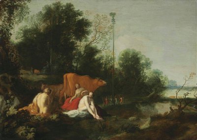 德文：Pan und Nymphen beim Baden Landscape with Satyr, Nymphs and Cattle（有撒提尔、仙女和牛的风景画 作者 摩西·范·乌伊滕布鲁克