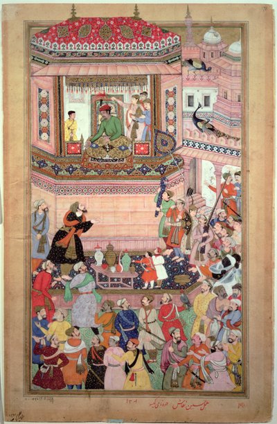 阿克巴尔觐见，由 Husays Naggash 和 Kesu 创作，选自 "Akbarnama"，莫卧儿，约 1590 年 作者 莫卧儿学校