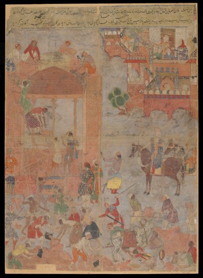 Anushirvan在吉祥时刻奠定了Ctesiphon的基础，手稿对开，1560-1565（不透明的水彩，墨水和金在布上，安装在纸板上） 作者 莫卧儿学校