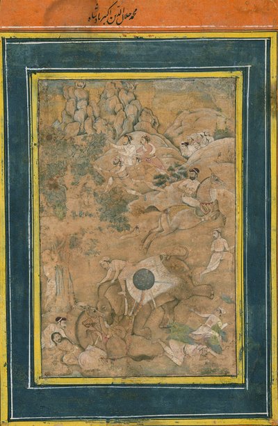 阿克巴皇帝（Emperor Akbar）在狩猎期间控制大象，十七世纪初（不透明的水彩，金漆和纸上墨水） 作者 莫卧儿学校