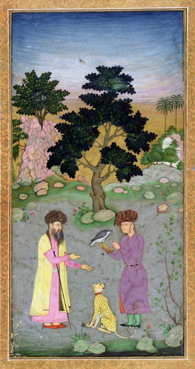 Falconer与伴侣和宠物猎豹，来自Small Clive Album，c.1610-15（纸上不透明的wc） 作者 莫卧儿学校