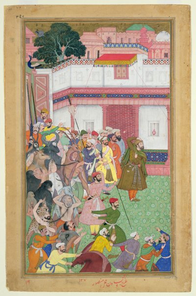 Fatepur Sikiri，1573年：Hasain Quli Khan-l Jahan将他的囚犯介绍给阿克巴皇帝（r.1556-1605），由Abul Fazi制作的Akbarnama，1590-98（不透明的wc和黄金在纸上） 作者 莫卧儿学校