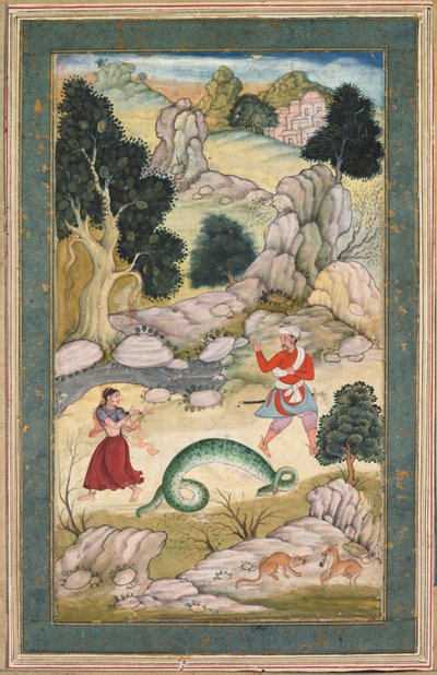 恋人离别，寓言书中的一页，约 1590-95 年（纸面不透明水彩加金色） 作者 莫卧儿学校